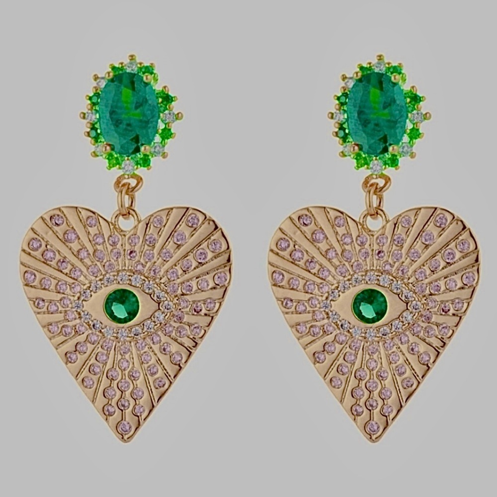 Eye Candy LA Heart Eye Crystal Statement Earrings - Pink/Green